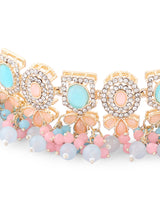 Women's Turquoise Blue Pink Stones Beads Choker Necklace Earring Maangtikka Ring Set-ZPFK16166