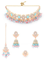 Women's Turquoise Blue Pink Stones Beads Choker Necklace Earring Maangtikka Ring Set-ZPFK16166