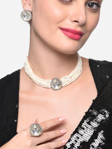 Women's Silver Colour Multistrand Choker Necklace Earring & Ring Set-ZPFK16240