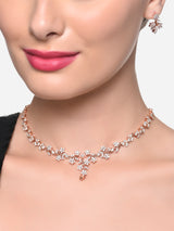 Women's Rose Gold Dazzling Cubic Zirconia Floral Brass Necklace and Earring Set