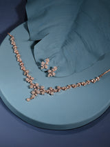 Women's Rose Gold Dazzling Cubic Zirconia Floral Brass Necklace and Earring Set