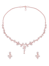 Women's Rose Gold Dazzling Cubic Zirconia Floral Brass Necklace and Earring Set