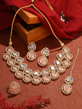 Women's Peach Double Layered Artificial Stones and Austrian Diamonds Necklace Earring Maangtikka and Ring Set