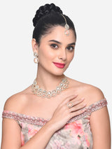 Women's Peach Double Layered Artificial Stones and Austrian Diamonds Necklace Earring Maangtikka and Ring Set