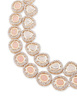 Women's Peach Double Layered Artificial Stones and Austrian Diamonds Necklace Earring Maangtikka and Ring Set