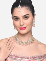 Women's Peach Double Layered Artificial Stones and Austrian Diamonds Necklace Earring Maangtikka and Ring Set