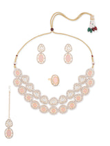 Women's Peach Double Layered Artificial Stones and Austrian Diamonds Necklace Earring Maangtikka and Ring Set