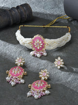Women's Pink & White Multistrand Meenakari Kundan Choker Necklace Earring & Ring Set-ZPFK16502