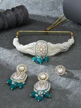 Women's Pink & Blue Meenakari Multistrand Kundan Choker Necklace Earring & Ring Set-ZPFK16503