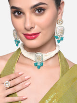 Women's Pink & Blue Meenakari Multistrand Kundan Choker Necklace Earring & Ring Set-ZPFK16503