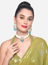 Women's Pink & Blue Meenakari Multistrand Kundan Choker Necklace Earring & Ring Set-ZPFK16503