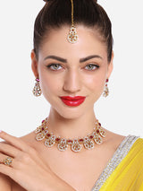 Women's Pink Kundan with Austrian Diamonds Necklace Earring Maangtikka and Ring Set