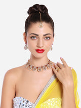 Women's Pink Kundan with Austrian Diamonds Necklace Earring Maangtikka and Ring Set