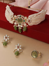Women's Green Multistrand Kundan with Beads Choker Necklace Earring and Ring Set