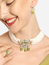 Women's Green Multistrand Kundan with Beads Choker Necklace Earring and Ring Set