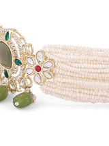Women's Green Multistrand Kundan with Beads Choker Necklace Earring and Ring Set