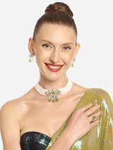 Women's Green Multistrand Kundan with Beads Choker Necklace Earring and Ring Set