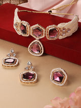 Women's Purple Multistrand Kundan Stones and Beads Choker Necklace Earring with Ring Set