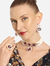 Women's Purple Multistrand Kundan Stones and Beads Choker Necklace Earring with Ring Set