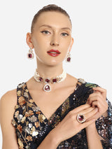 Women's Purple Multistrand Kundan Stones and Beads Choker Necklace Earring with Ring Set