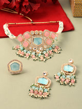 Women's Turquoise Blue and Pink Kundan Stones with Beads Choker Necklace Earring and Ring Set