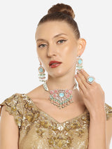 Women's Turquoise Blue and Pink Kundan Stones with Beads Choker Necklace Earring and Ring Set