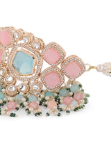 Women's Turquoise Blue and Pink Kundan Stones with Beads Choker Necklace Earring and Ring Set