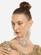 Women's Turquoise Blue and Pink Kundan Stones with Beads Choker Necklace Earring and Ring Set