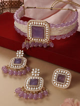 Women's Purple Multistrand Kundan Stones & Beads Choker Necklace Earring & Ring Set-ZPFK16606