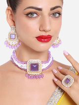 Women's Purple Multistrand Kundan Stones & Beads Choker Necklace Earring & Ring Set-ZPFK16606