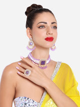 Women's Purple Multistrand Kundan Stones & Beads Choker Necklace Earring & Ring Set-ZPFK16606