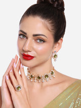 Women's Green Kundan & Austrian Diamonds Choker Necklace Earring & Ring Set-ZPFK16631