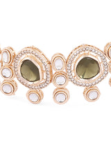 Women's Green Kundan & Austrian Diamonds Choker Necklace Earring & Ring Set-ZPFK16631