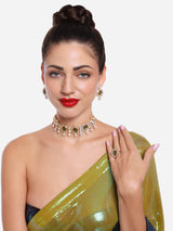 Women's Green Kundan & Austrian Diamonds Choker Necklace Earring & Ring Set-ZPFK16631