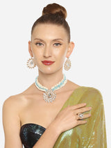 Women's Turquoise Blue Multistrand Crystal Kundan & Stone Necklace Earring & Ring Set-ZPFK16656