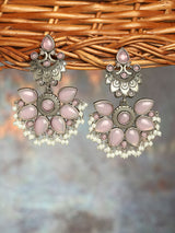 Women's Pink Silver Oxidised Stones and Beads Traditional Dangle Earring