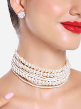 Women's White Pearls Multistrand Beaded Choker Necklace and Earring Set