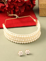 Women's White Pearls Multistrand Beaded Choker Necklace and Earring Set