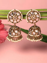 Women's Gold Tone Heart Shape Kundan Traditional Beaded Jhumka Earring-ZPFK16737