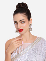 Women's Gold Tone Heart Shape Kundan Traditional Beaded Jhumka Earring-ZPFK16737