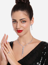 Women's Silver Tone Dazzling Stones Party Bling Lariat Contemporary Necklace Earring & Ring Set