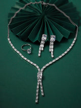 Women's Silver Tone Dazzling Stones Party Bling Lariat Contemporary Necklace Earring & Ring Set