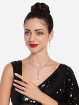 Women's Silver Tone Dazzling Stones Party Bling Lariat Contemporary Necklace Earring & Ring Set