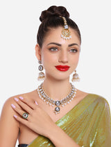 Women's Gold Tone Kundan & Pearls Long Bridal Necklace Earring Maangtikka & Ring Set-ZPFK16756