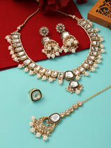 Women's Gold Tone Kundan & Pearls Long Bridal Necklace Earring Maangtikka & Ring Set-ZPFK16756