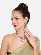 Women's Gold Tone Kundan & Pearls Long Bridal Necklace Earring Maangtikka & Ring Set-ZPFK16756