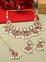 Women's Rani Pink & Green Enamel Kundan & Beads Bridal Choker Necklace Earring & Maangtikka Set-ZPFK16758