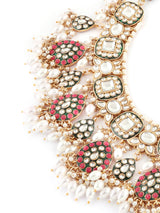 Women's Rani Pink & Green Enamel Kundan & Beads Bridal Choker Necklace Earring & Maangtikka Set-ZPFK16758