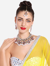 Women's Rani Pink & Green Enamel Kundan & Beads Bridal Choker Necklace Earring & Maangtikka Set-ZPFK16758