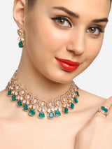 Women's Green Kundan Stones with Austrian Diamonds Necklace Earring and Ring Set